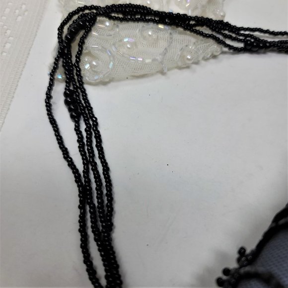 Black Beaded Evening Handbag Purse Floral Pattern - Picture 7 of 8